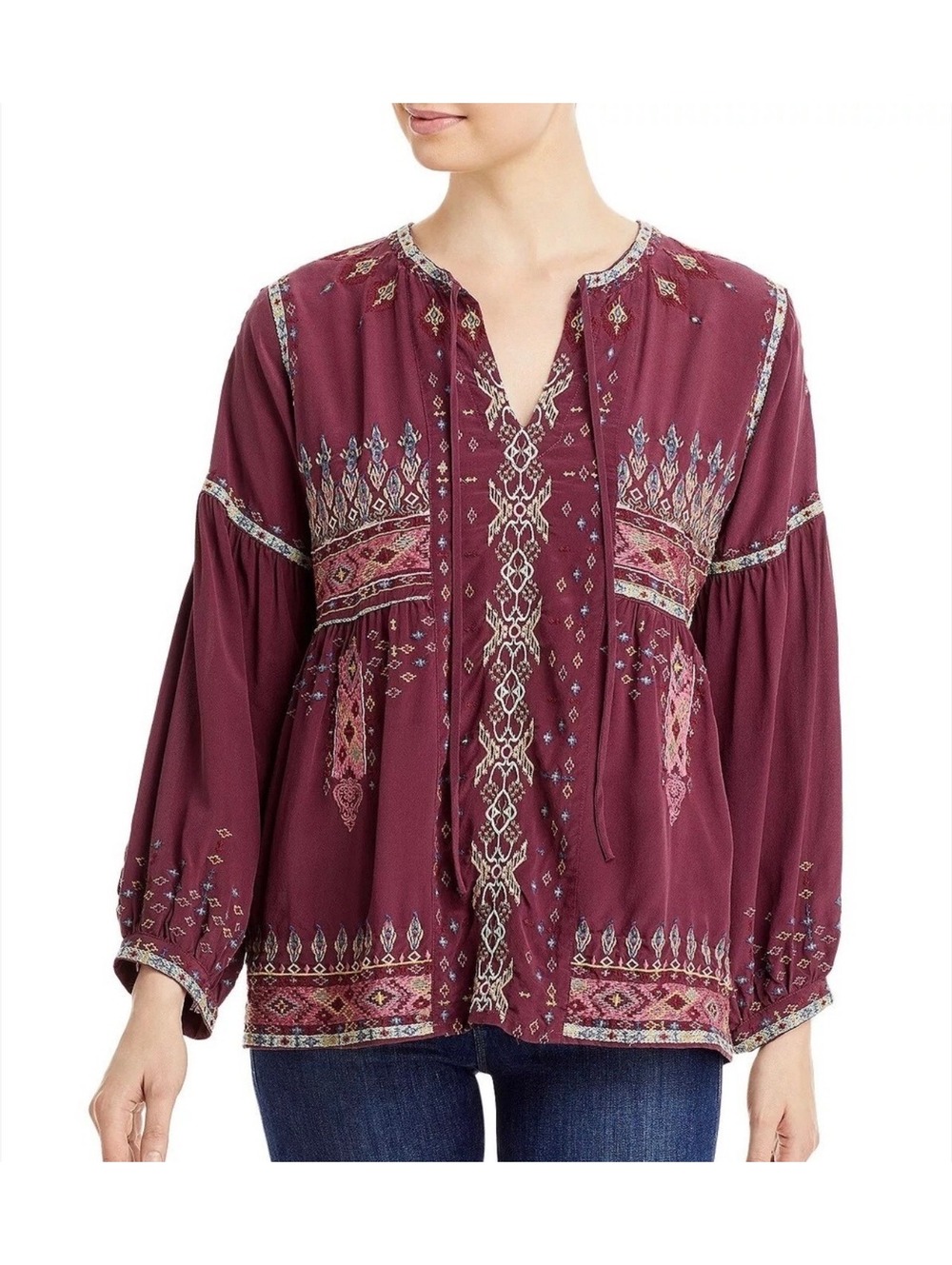 Johnny Was Deliza Embroidered Boho Silk Blouse